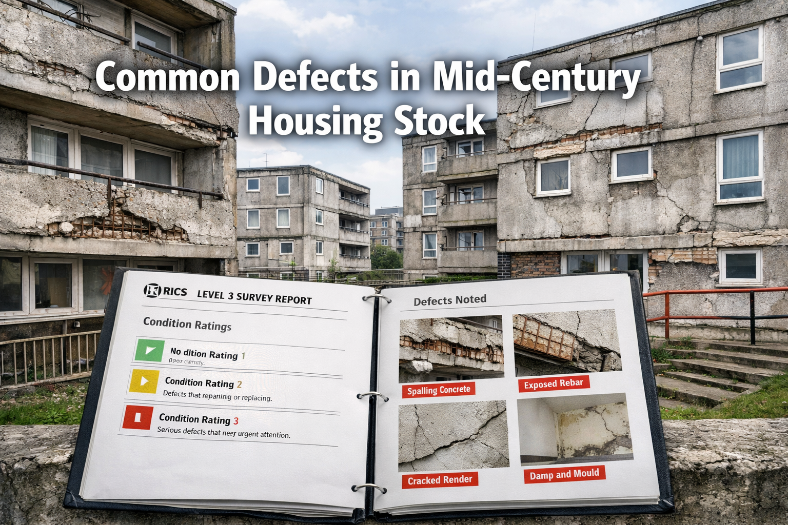 Wide-angle editorial photograph of a British 1960s-1970s concrete panel housing estate showing visible concrete cancer