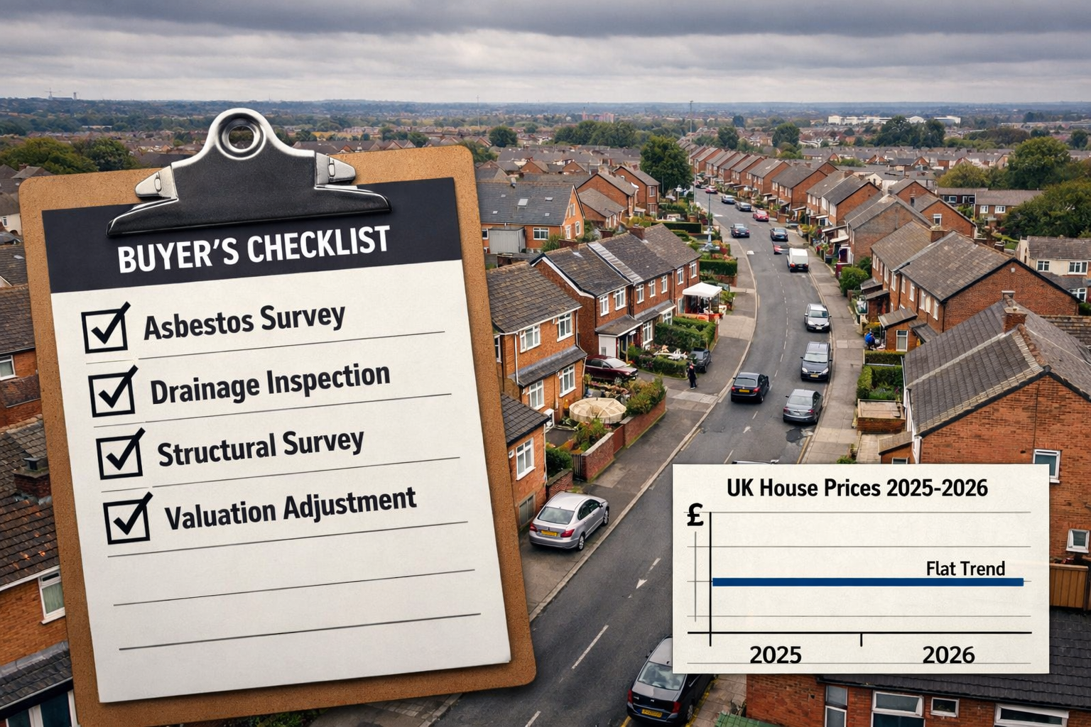 Aerial drone-style editorial photograph of a Northern England residential street lined with 1970s-1980s brick semi-detached
