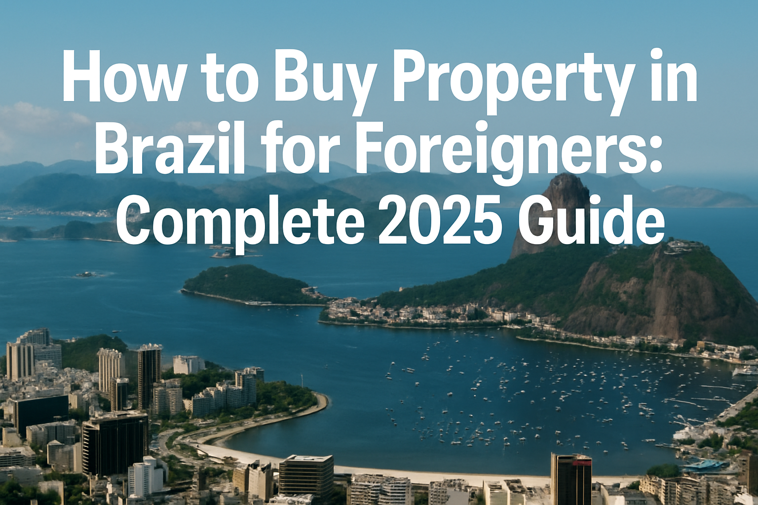 Professional landscape hero image (1536x1024) with bold text overlay: "How to Buy Property in Brazil for Foreigners: Complete 2025 Guide". M