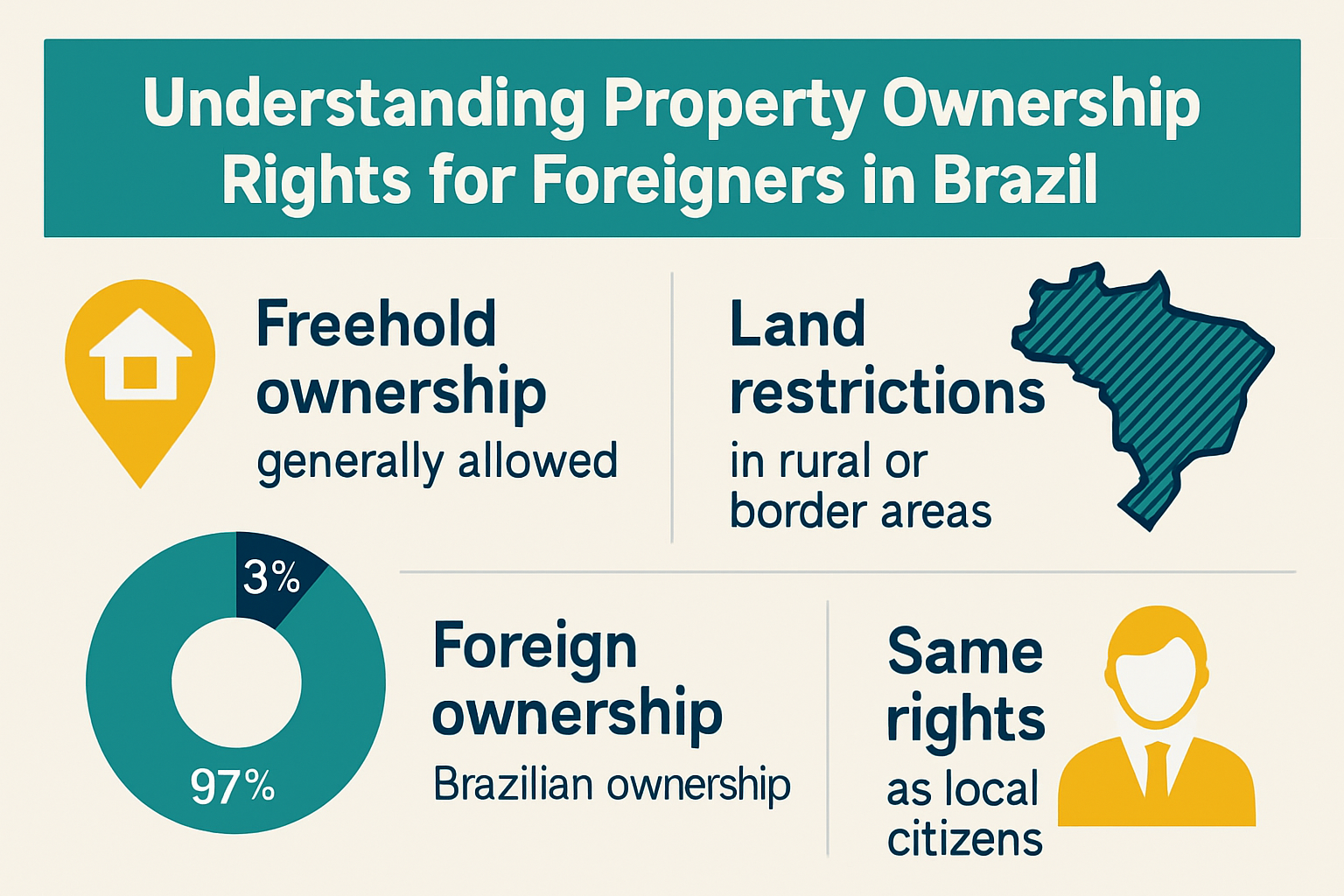 Professional landscape infographic (1536x1024) for article "How to Buy Property in Brazil for Foreigners: Complete 2025 Guide", section: "Un