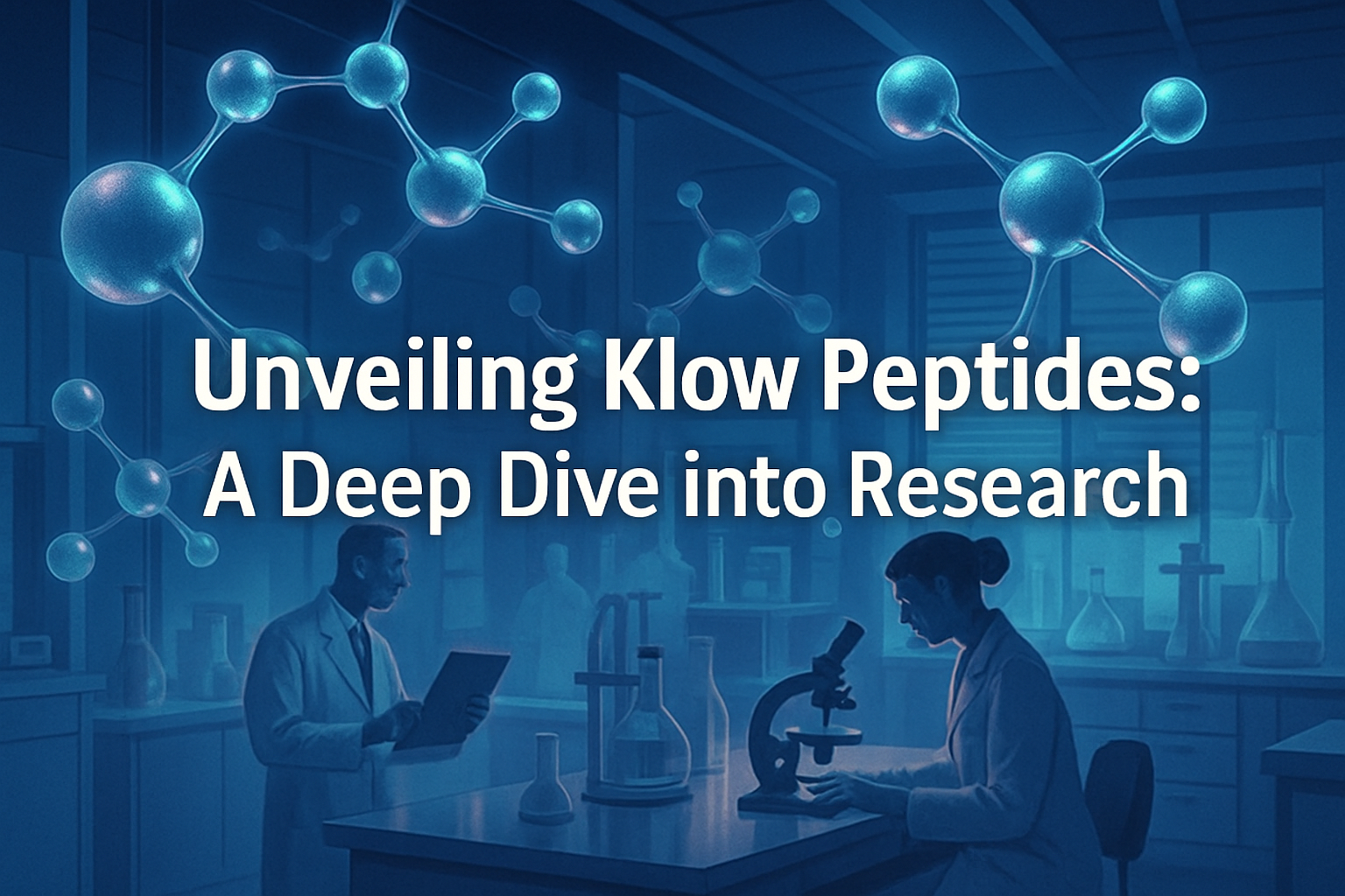 Professional landscape hero image (1536x1024) with bold text overlay: 'Unveiling Klow Peptides: A Deep Dive into Research', modern sans-seri