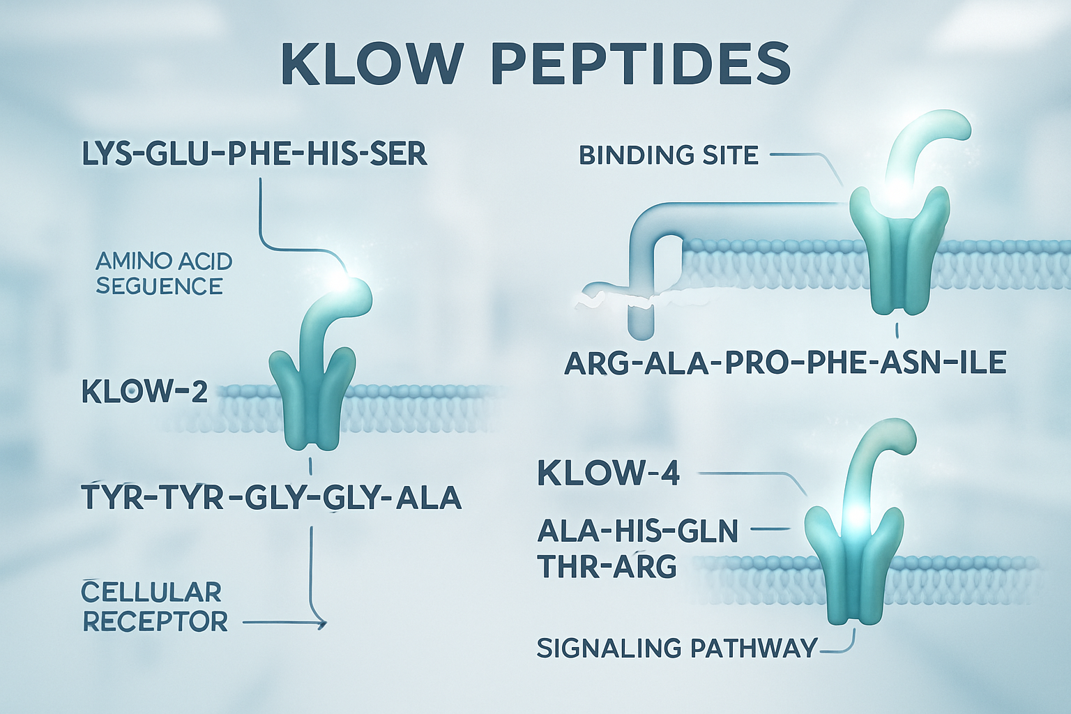 A detailed infographic illustrating the molecular structure of various klow peptides, showcasing amino acid sequences, their binding sites, 