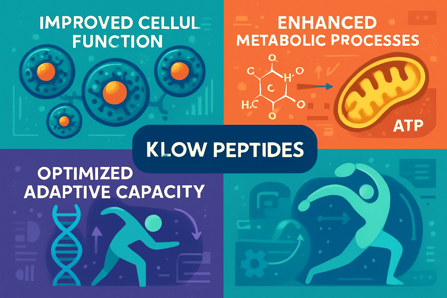A vibrant, multi-panel infographic illustrating the various research applications and potential benefits observed in studies involving klow 