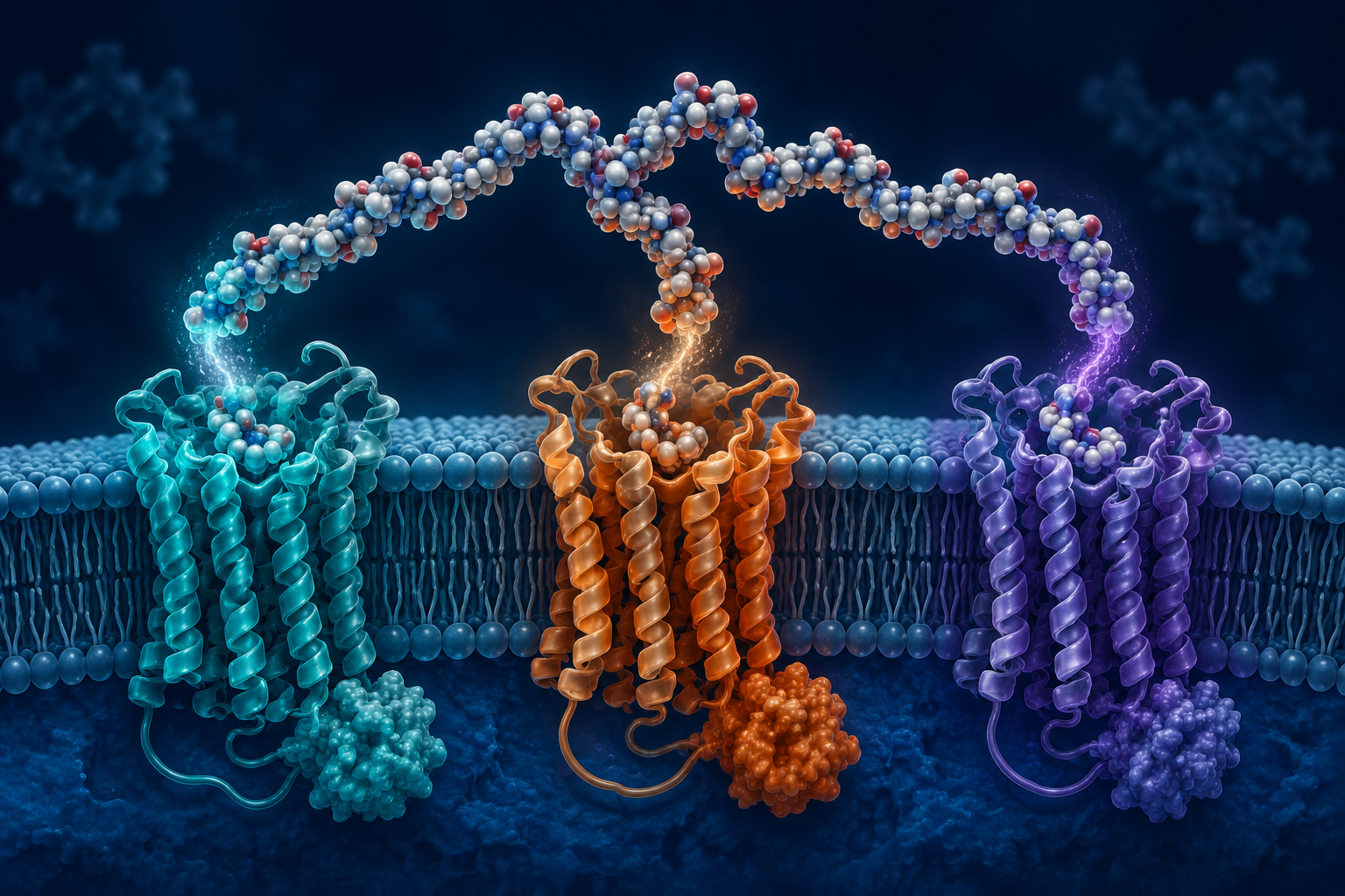 Scientific infographic-style landscape image () showing a detailed cross-section diagram of three hormone receptors — GIP,
