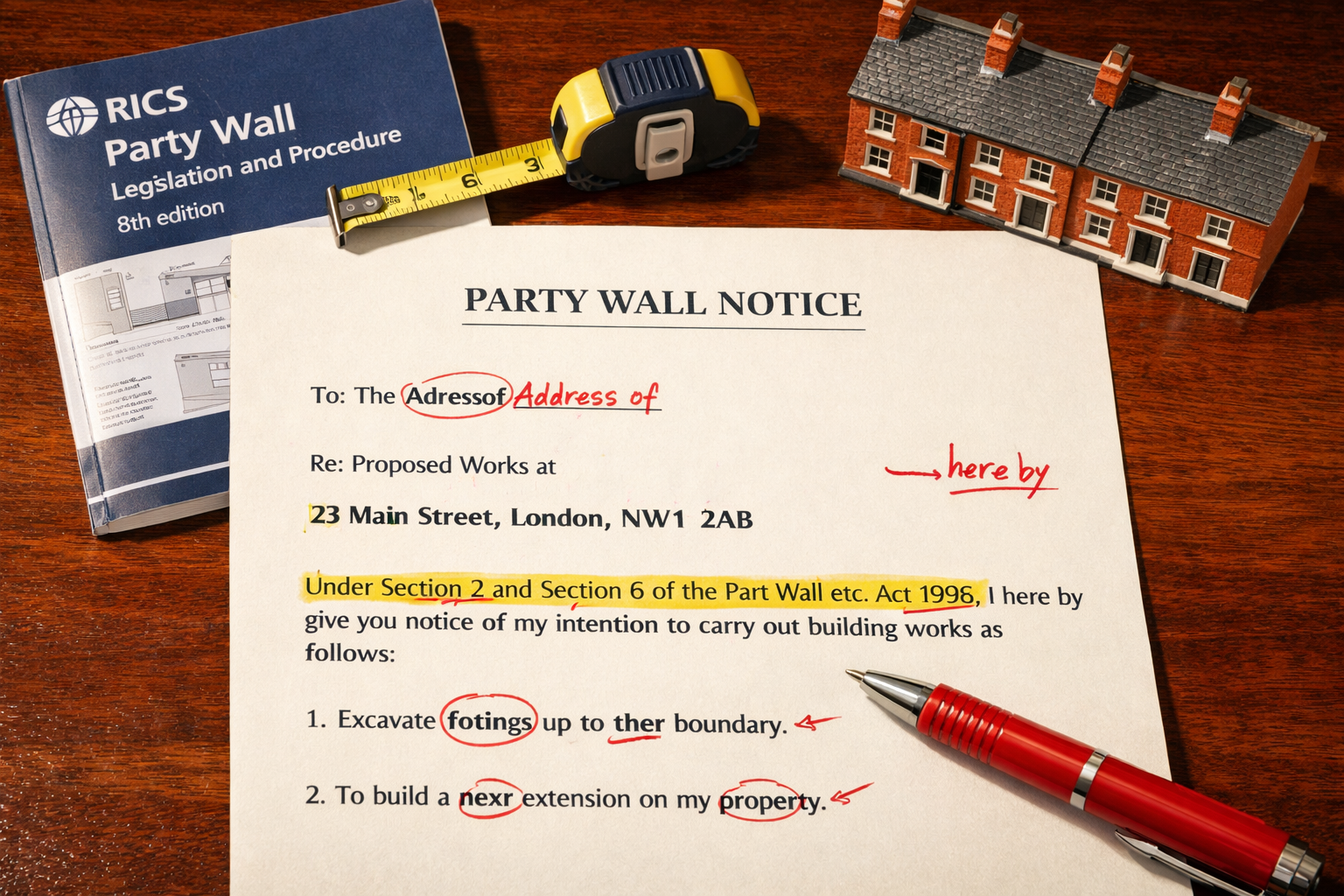 Close-up overhead flat-lay photograph of a party wall notice document on a mahogany desk, showing typed legal text with