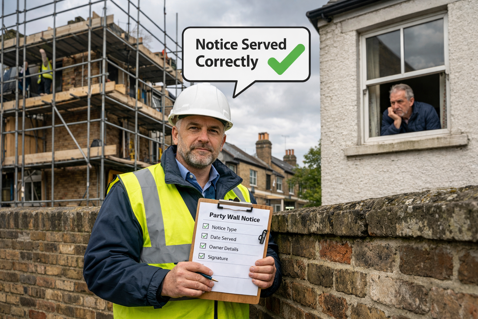 Wide-angle photograph of a professional party wall surveyor in a hard hat and hi-vis vest standing at the boundary wall
