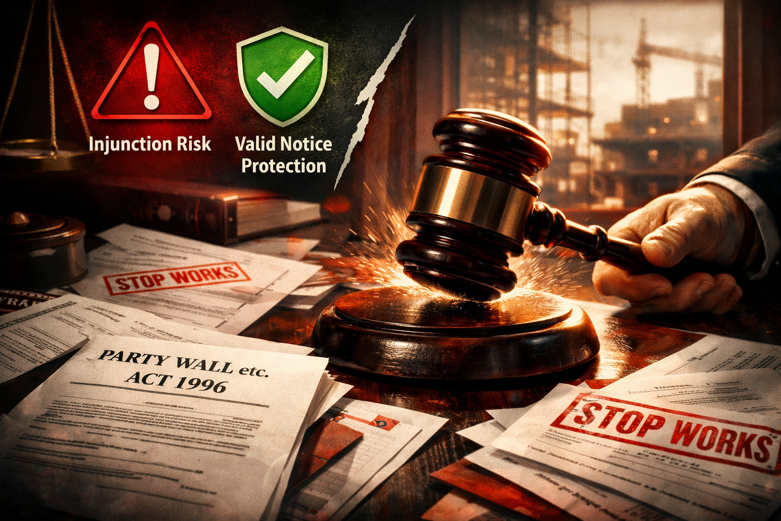 Dramatic courtroom-adjacent concept image showing a judge's gavel striking a wooden block on a desk covered with party wall