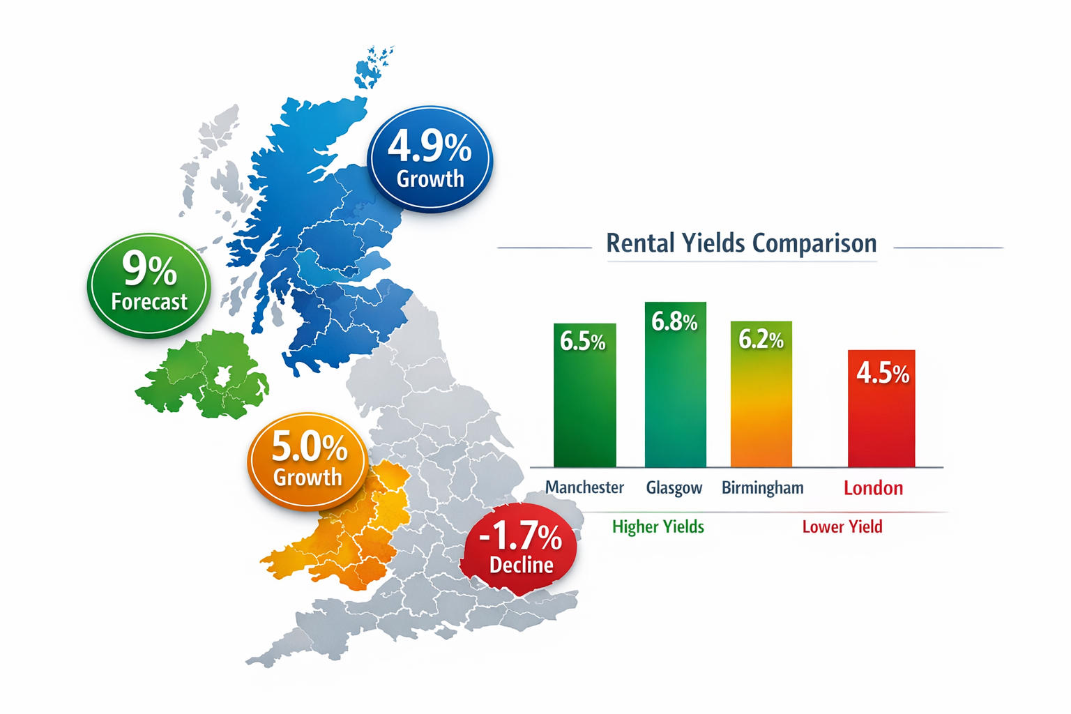 () detailed infographic showing UK map with color-coded regions highlighting Scotland (4.9% growth badge), Wales (5.0%