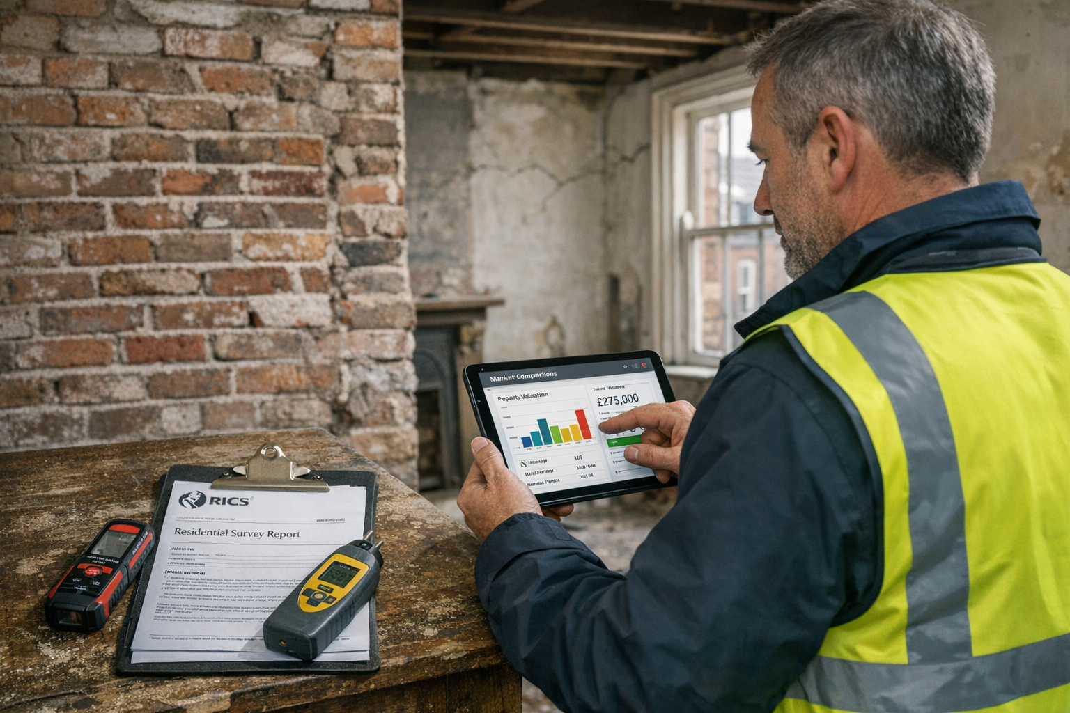 () professional scene showing chartered surveyor conducting building inspection in Northern England Victorian terrace