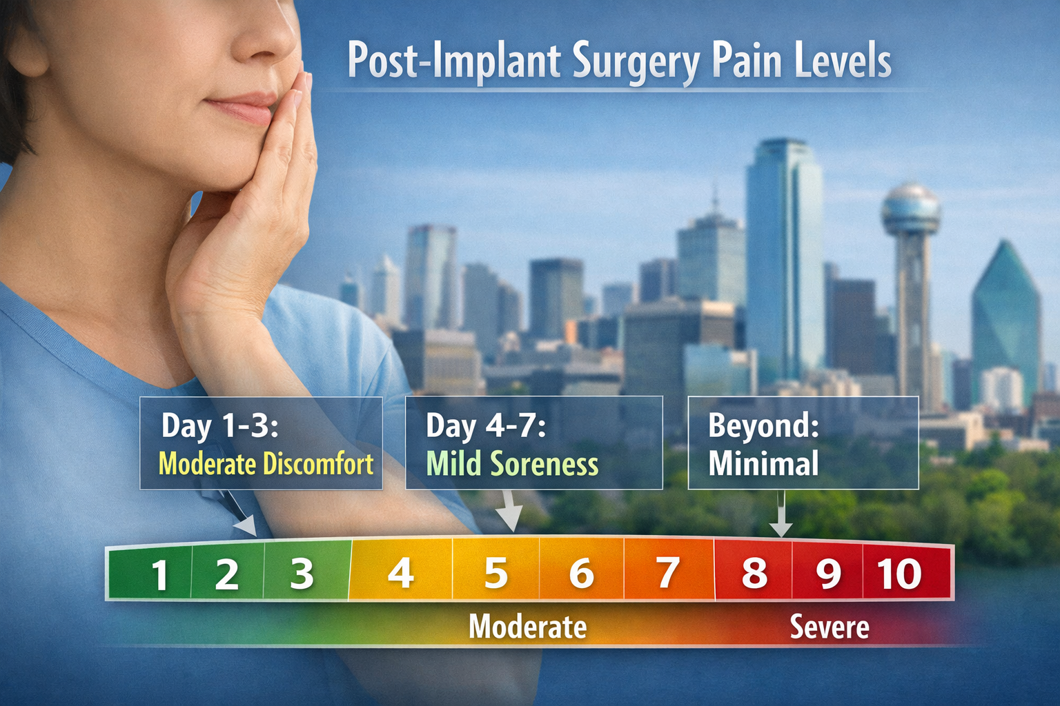 Detailed () image focusing on a visual representation of a pain scale (1-10) with an indicating typical post-dental implant