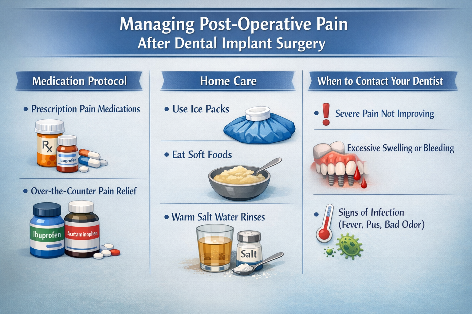 A detailed infographic-style image showing various methods for managing post-operative pain after dental implant surgery.