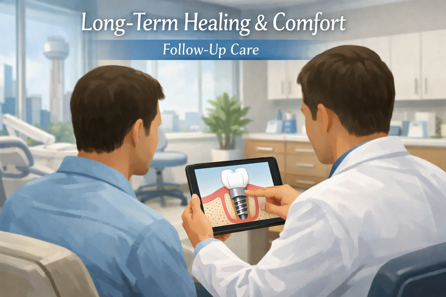 An illustrative image of a patient sitting comfortably in a modern, engaged in a follow-up consultation with a friendly,
