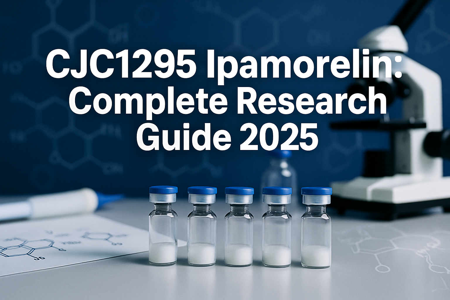 Professional landscape hero image (1536x1024) featuring bold text overlay 'CJC1295 Ipamorelin: Complete Research Guide 2025' in extra large 