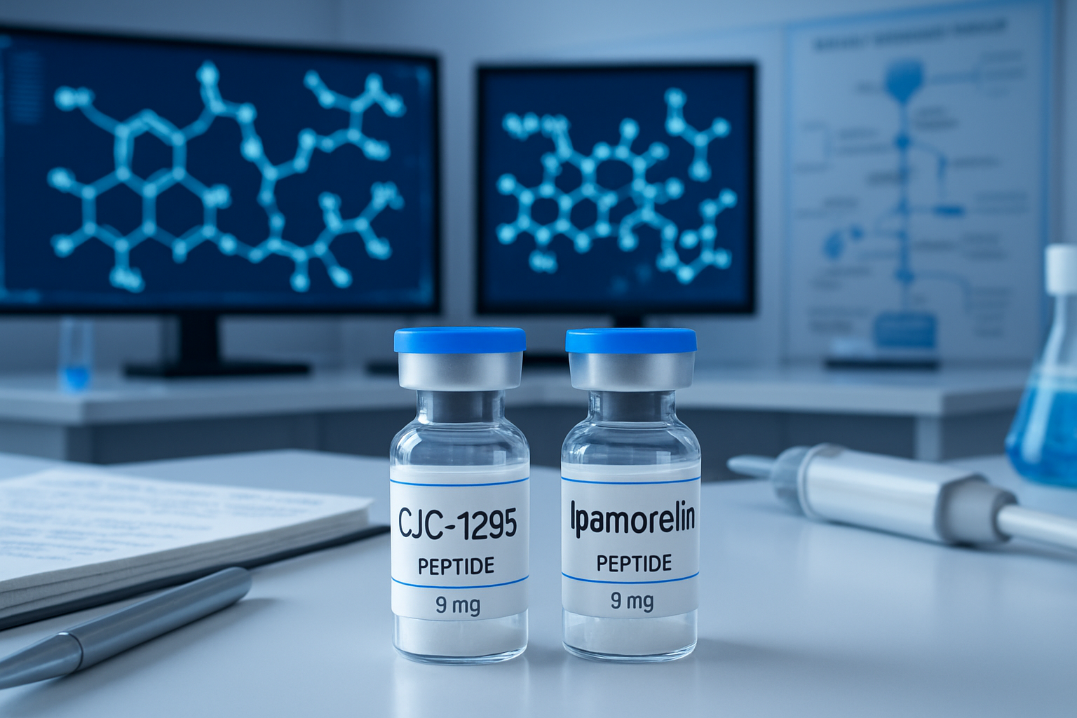 Scientific laboratory scene (1536x1024) showing CJC1295 and Ipamorelin peptide vials with clear labels, molecular structure diagrams on digi
