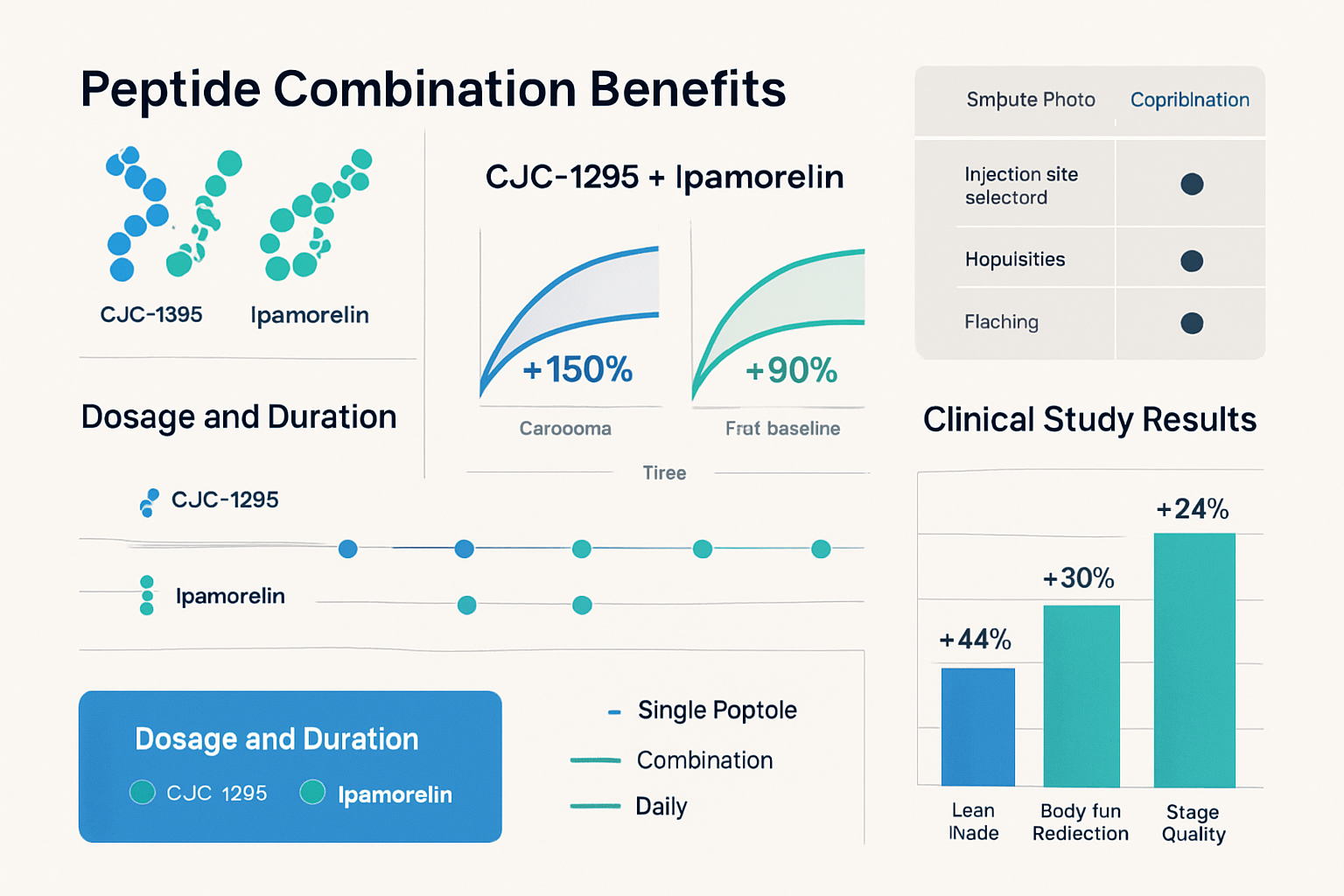 Research data visualization (1536x1024) displaying peptide combination benefits chart with CJC1295 Ipamorelin synergy graphs, dosage timelin