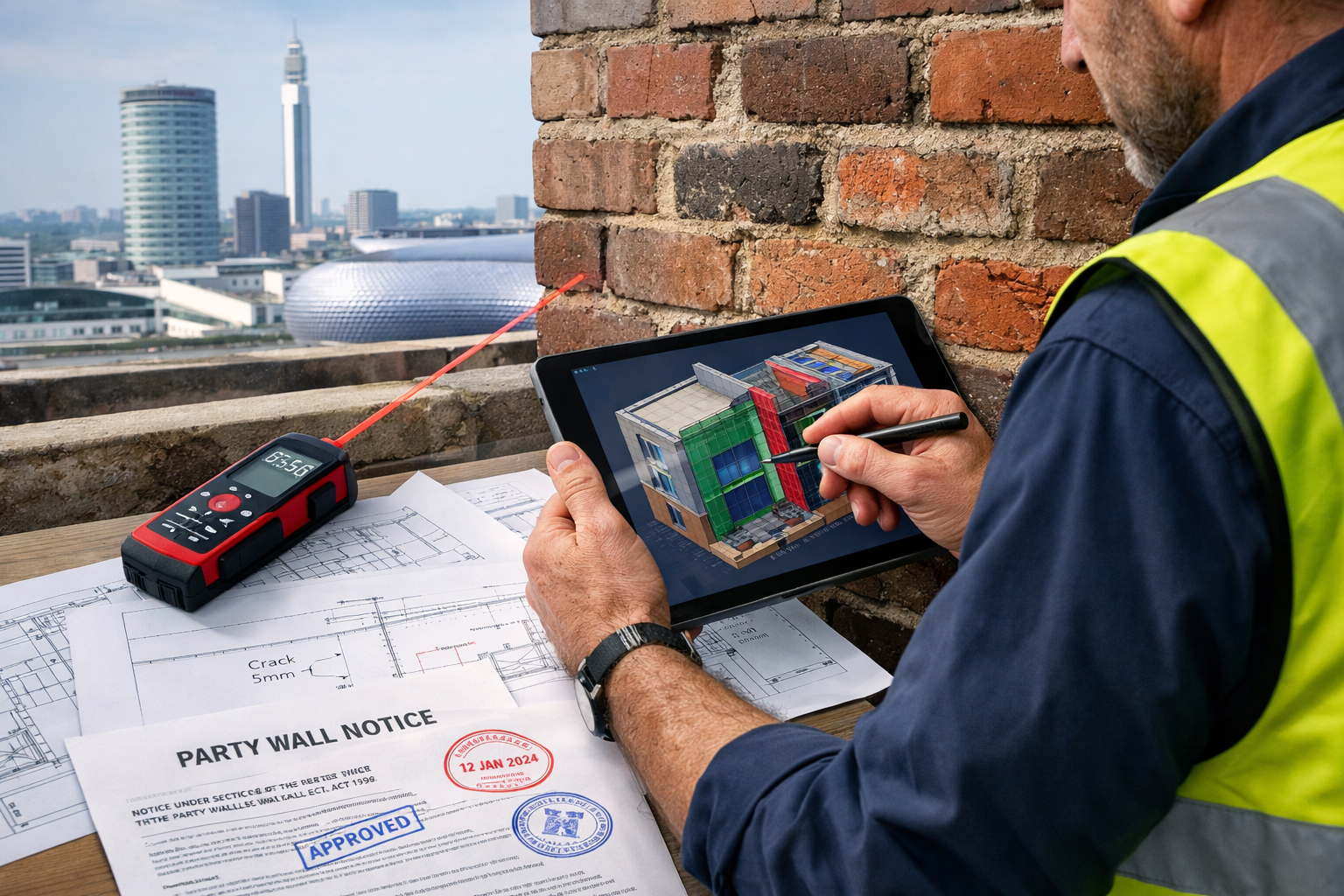 Detailed () image showing close-up of party wall documentation and survey process. Scene features RICS-accredited surveyor