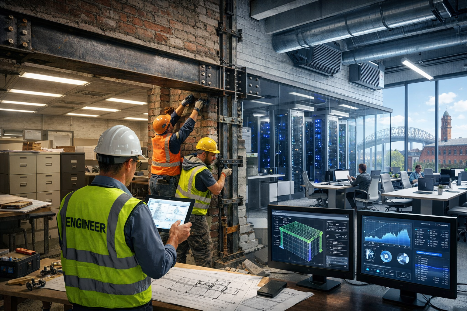 Detailed () image depicting AI-driven office retrofit interior transformation. Wide-angle shot of former traditional office