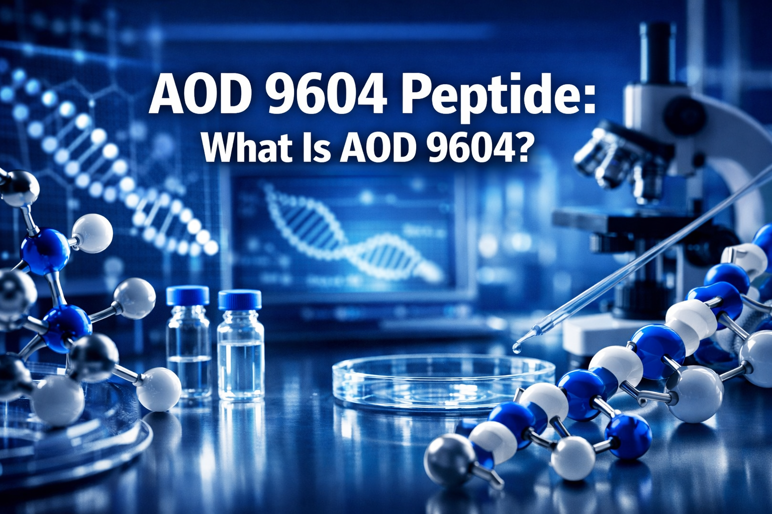 Professional landscape hero image (1536x1024) featuring bold text overlay 'AOD 9604 Peptide: What Is AOD 9604?' in extra large 72pt white sa