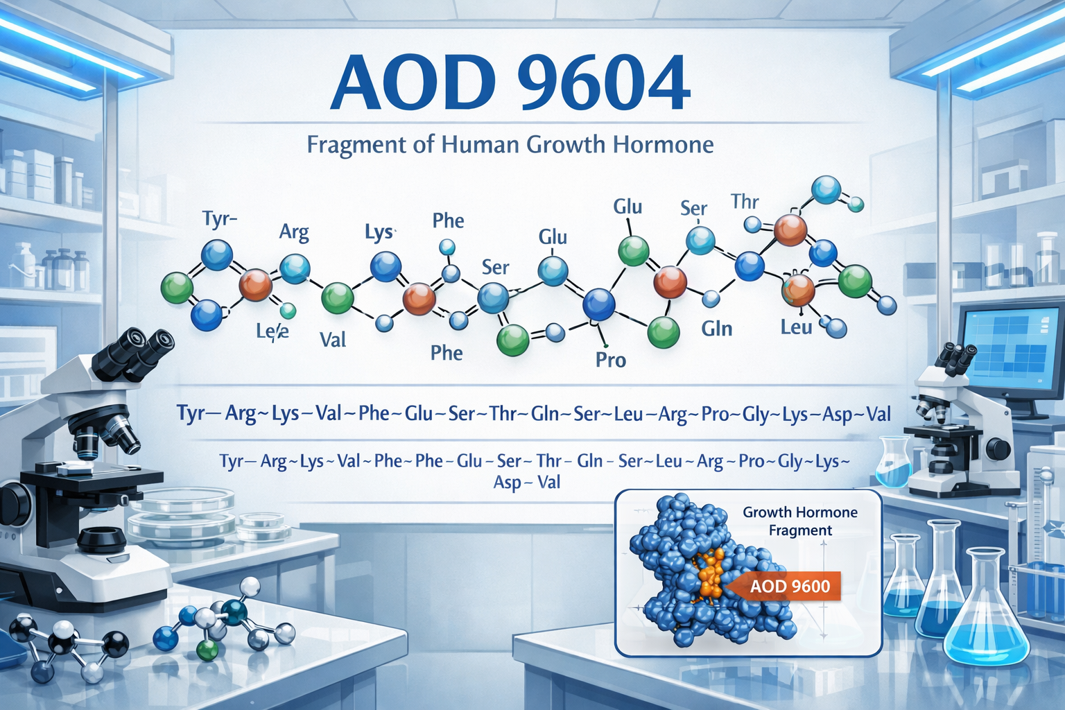 Scientific laboratory scene showing AOD 9604 peptide molecular structure diagram with detailed amino acid sequences, research equipment incl