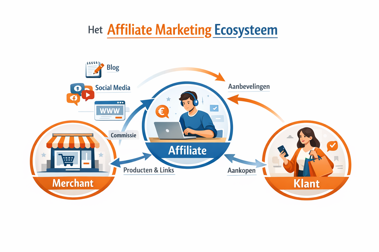 Landscape format (1536x1024) detailed infographic showing the complete affiliate marketing ecosystem with three connected circular nodes: 'M