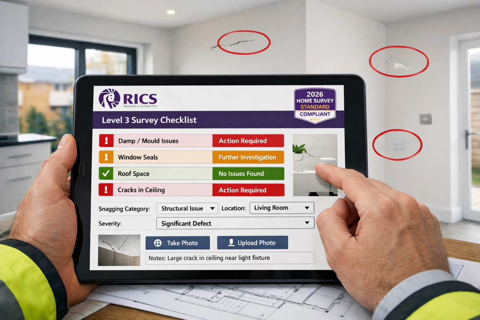 Detailed () image showing close-up of RICS surveyor's hands holding digital tablet displaying modern building survey