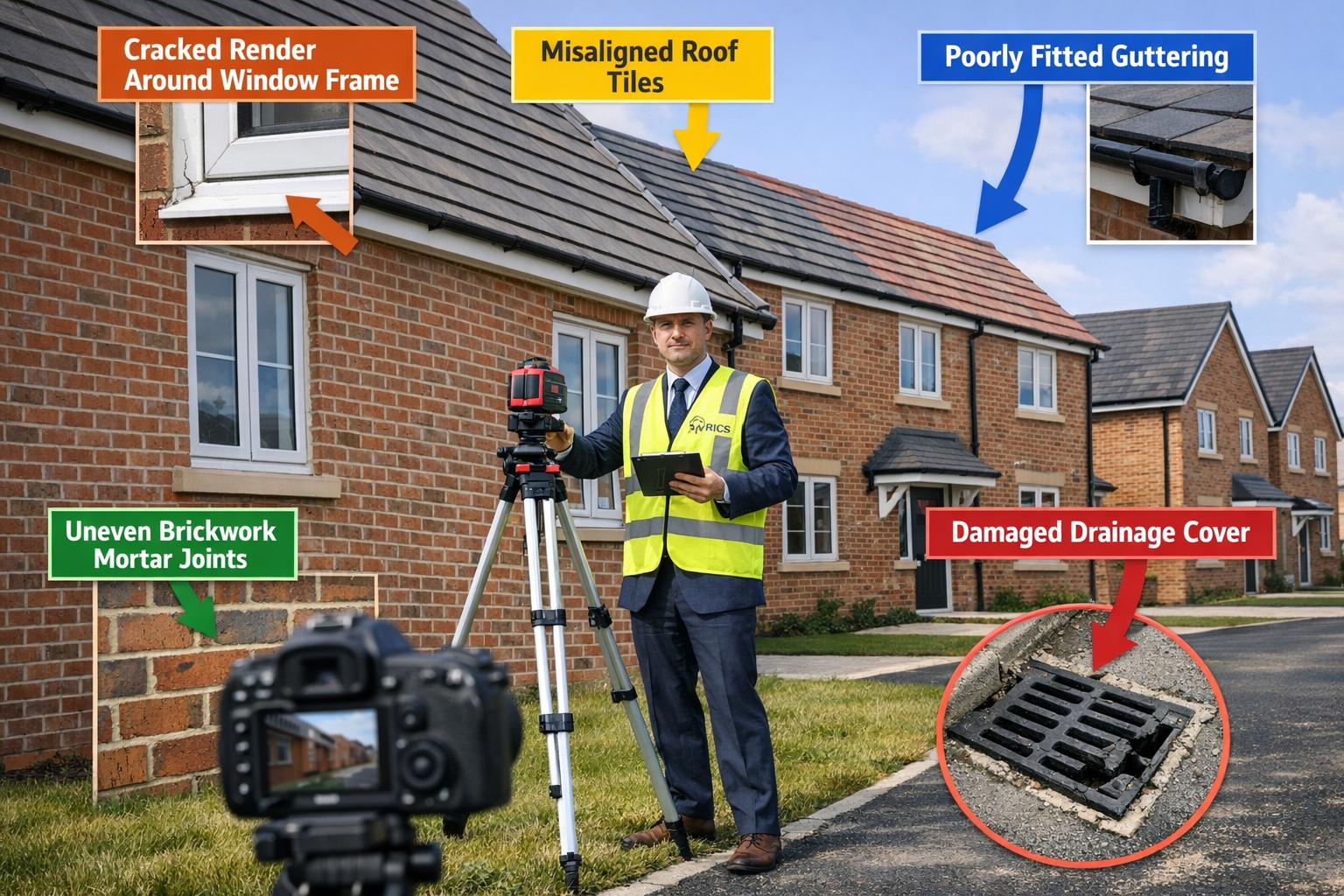 Wide-angle () image of new-build property exterior showing multiple common snagging defects clearly labeled with colored