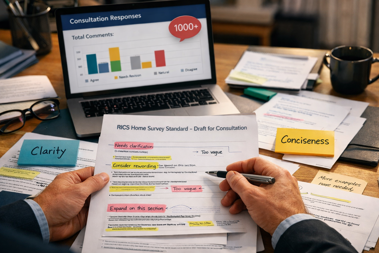 Detailed () image showing close-up of consultation feedback process with multiple stakeholder documents spread across modern