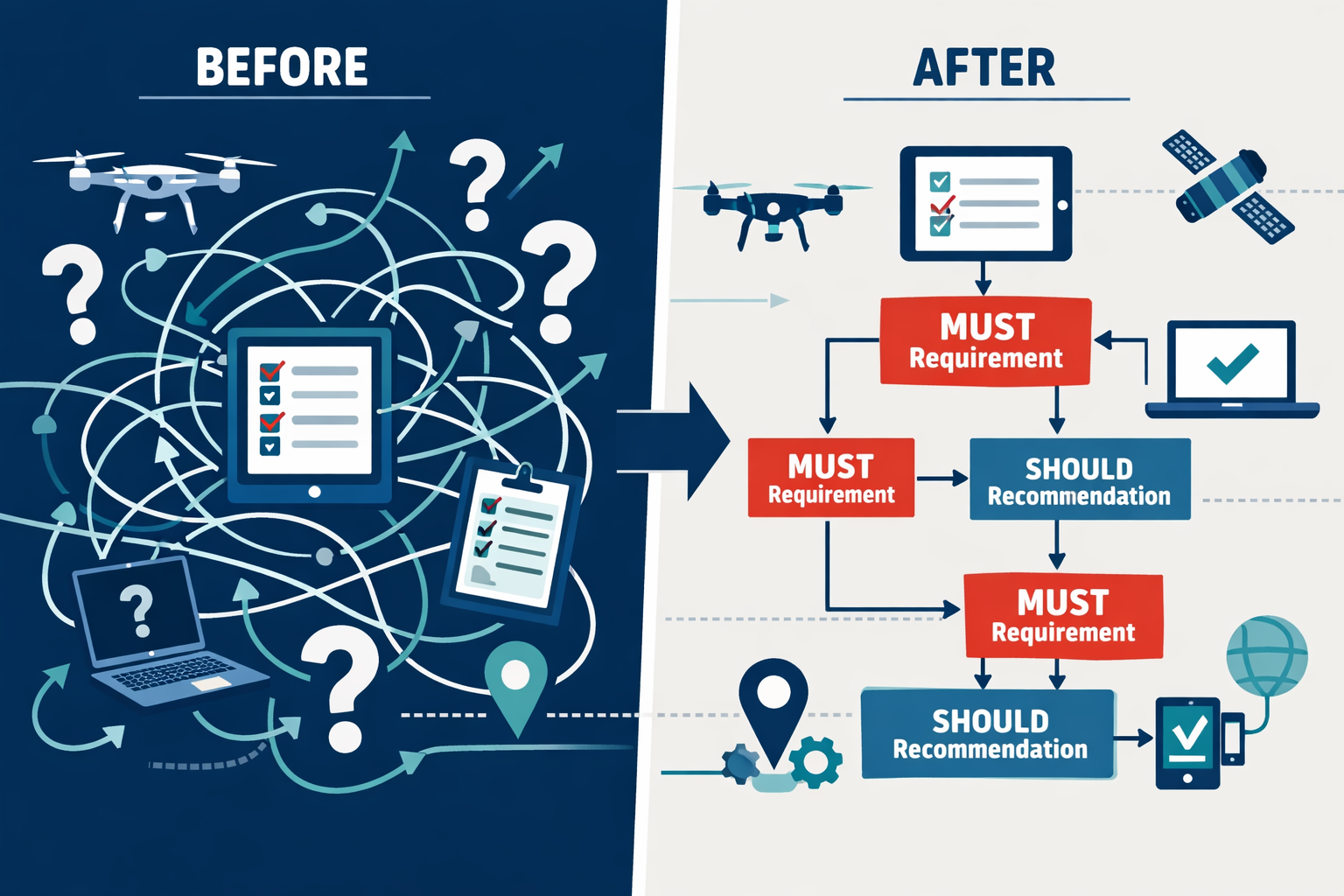 Professional () split-screen comparison image showing 'before and after' visual representation of survey standards clarity