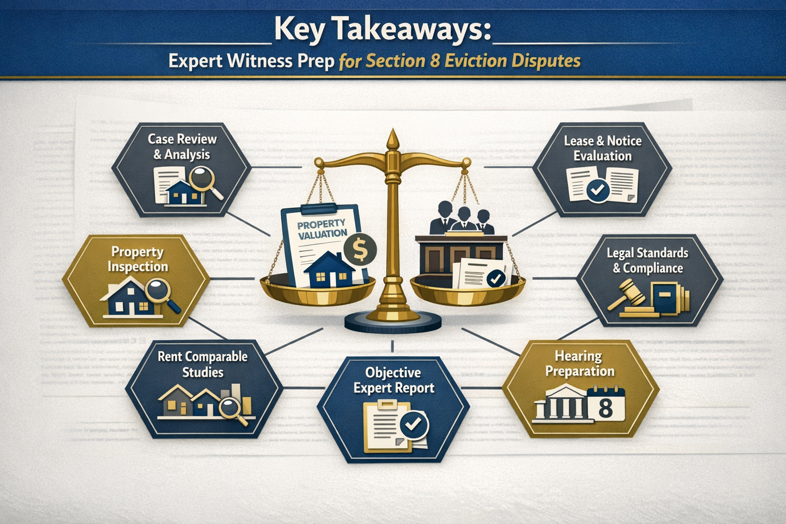 Infographic-style visual for 'Key Takeaways' section displaying expert witness preparation workflow for Section 8 eviction