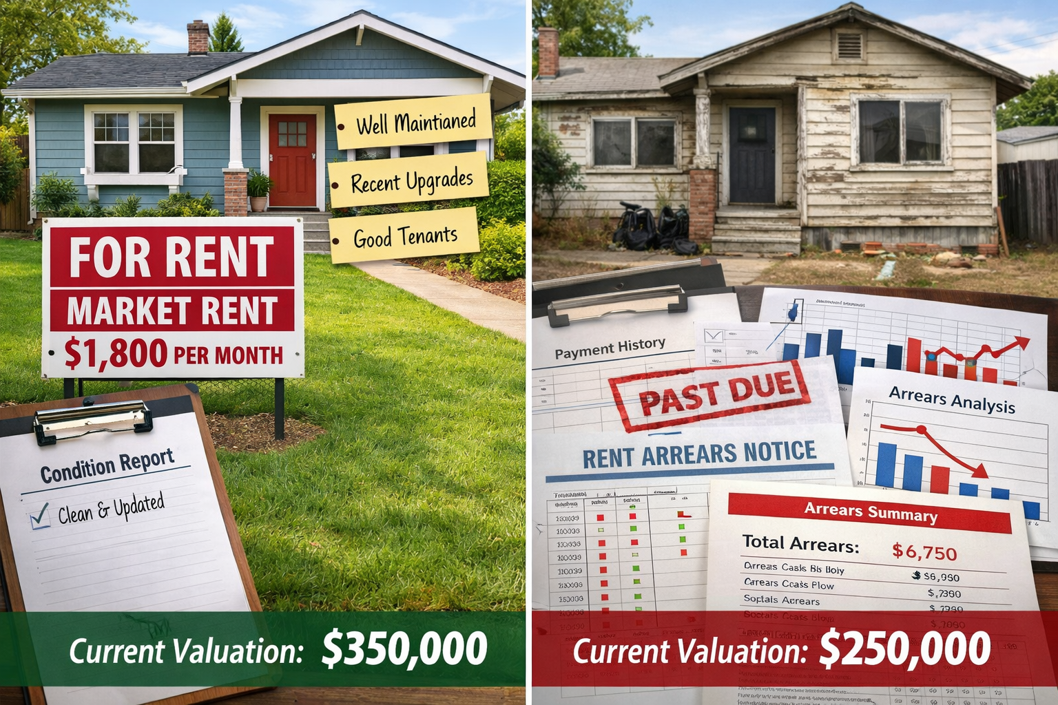 () split-screen comparison image showing two rental properties side-by-side: left side displays well-maintained periodic