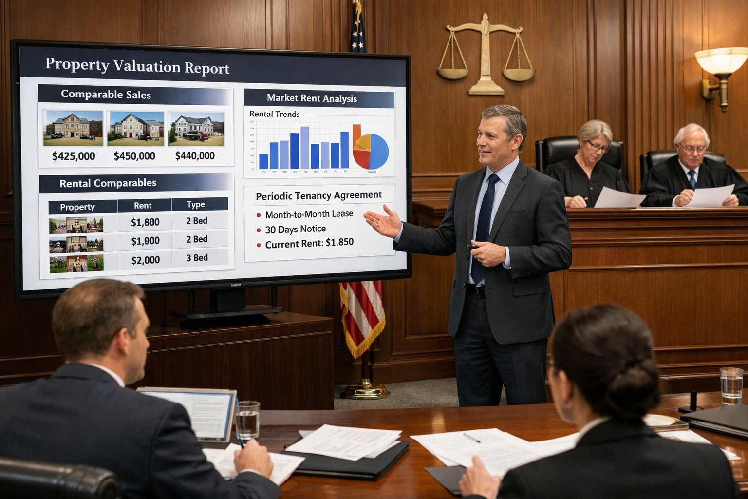 () courtroom scene showing expert witness presenting valuation evidence on large display screen to tribunal panel, market