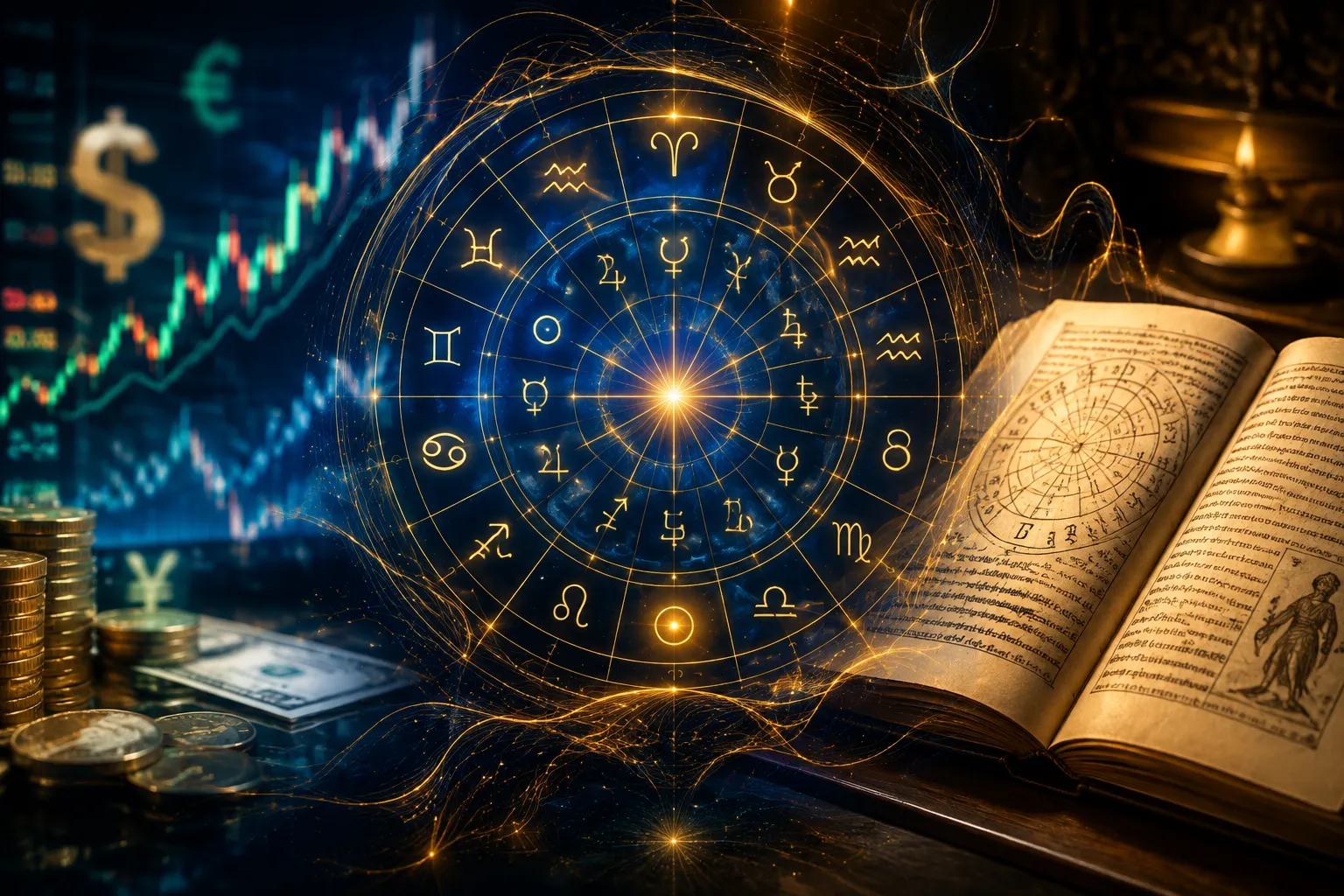 Professional () hero image. A stylized astrological chart with luminous planetary symbols and house divisions at the center,