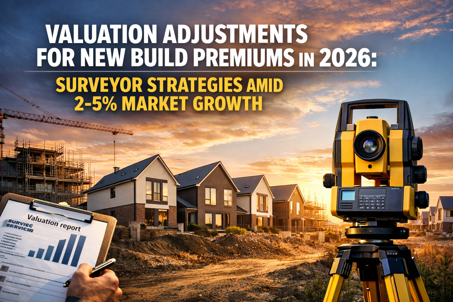 Professional landscape hero image () with : "Valuation Adjustments for New Build Premiums in 2026: Surveyor Strategies Amid
