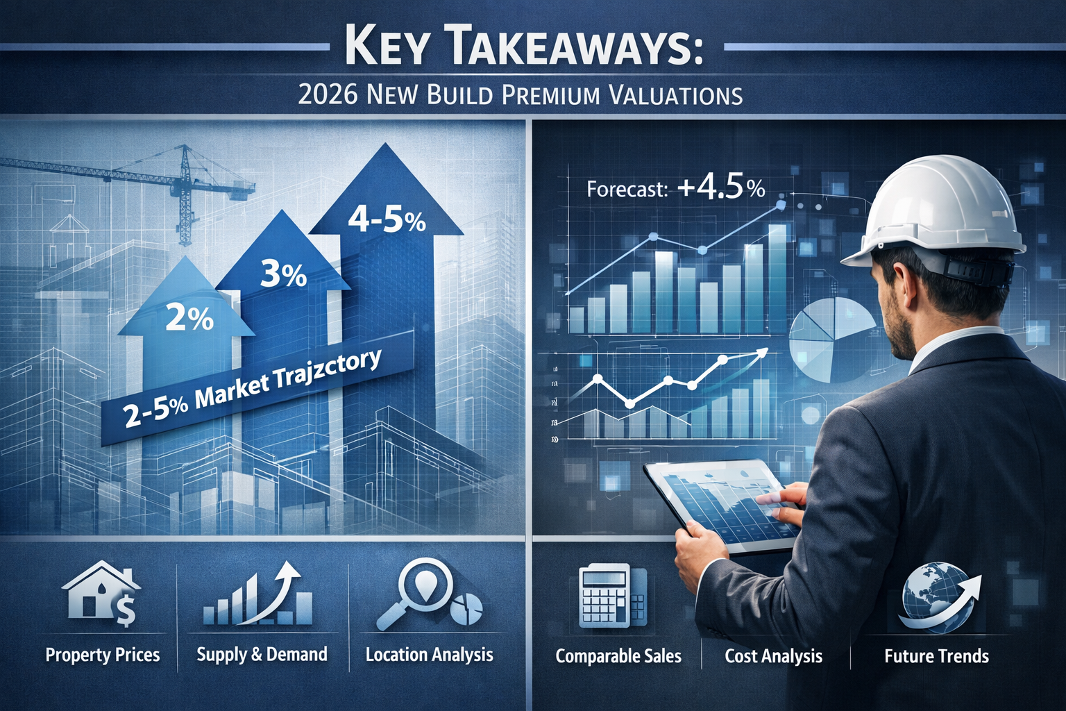 Landscape editorial infographic illustrating 'Key Takeaways' for 2026 new build premium valuations. Split-screen design with