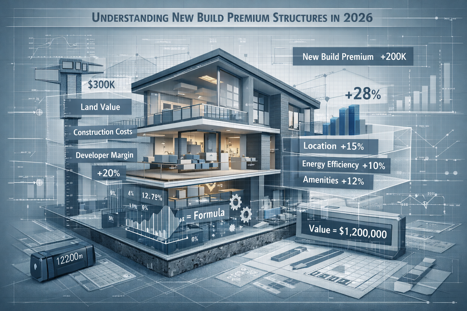 Comprehensive architectural visualization exploring 'Understanding New Build Premium Structures in 2026'. Central image