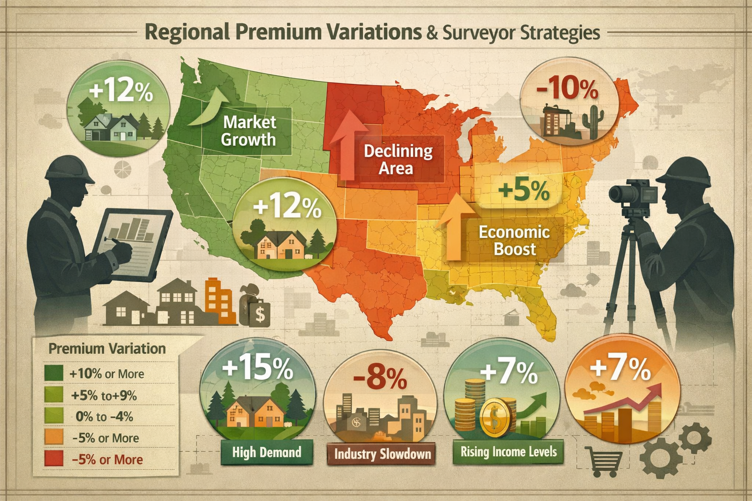 Detailed geographical infographic representing 'Regional Premium Variations and Surveyor Strategies'. Large map of