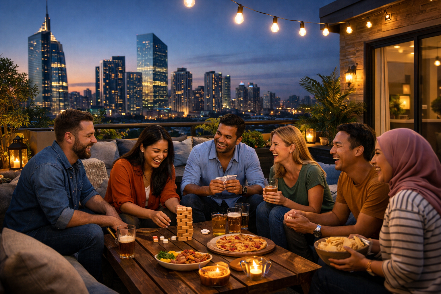 Detailed () image for the second H2 section, showcasing a relaxed team-building activity on a private terrace of an Airbnb