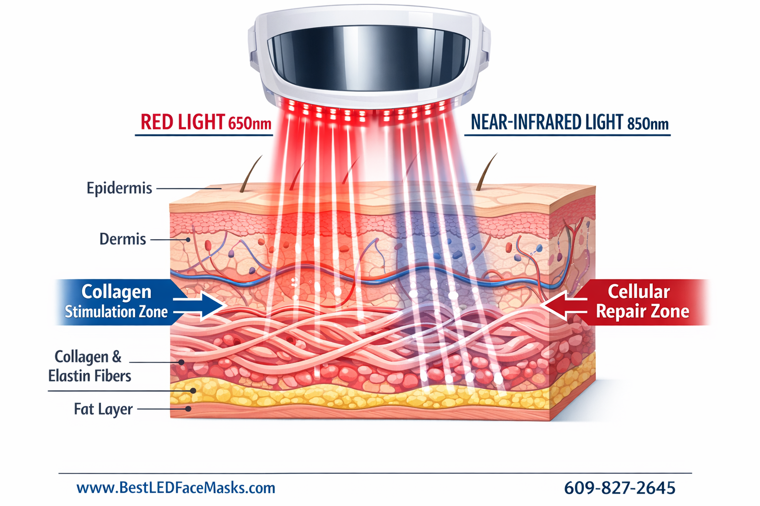 Detailed () educational infographic-style image showing cross-section diagram of human skin layers with red and
