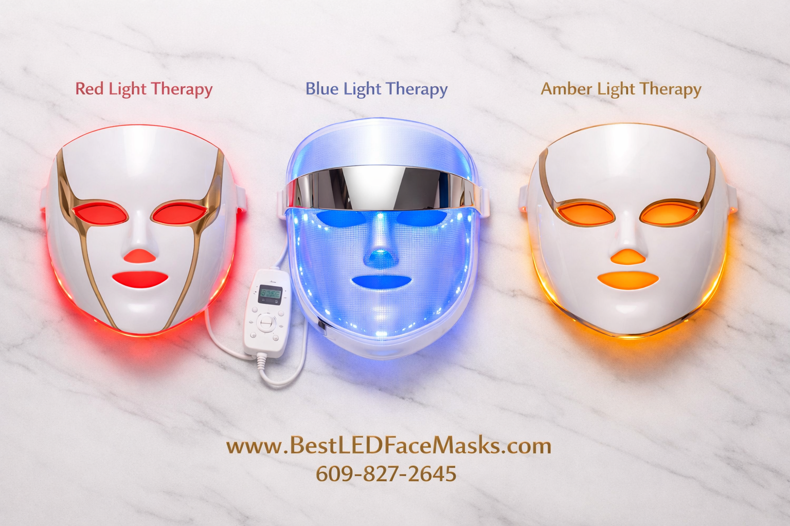 () flat-lay product comparison image showing three different at-home LED face masks arranged side by side on a white marble