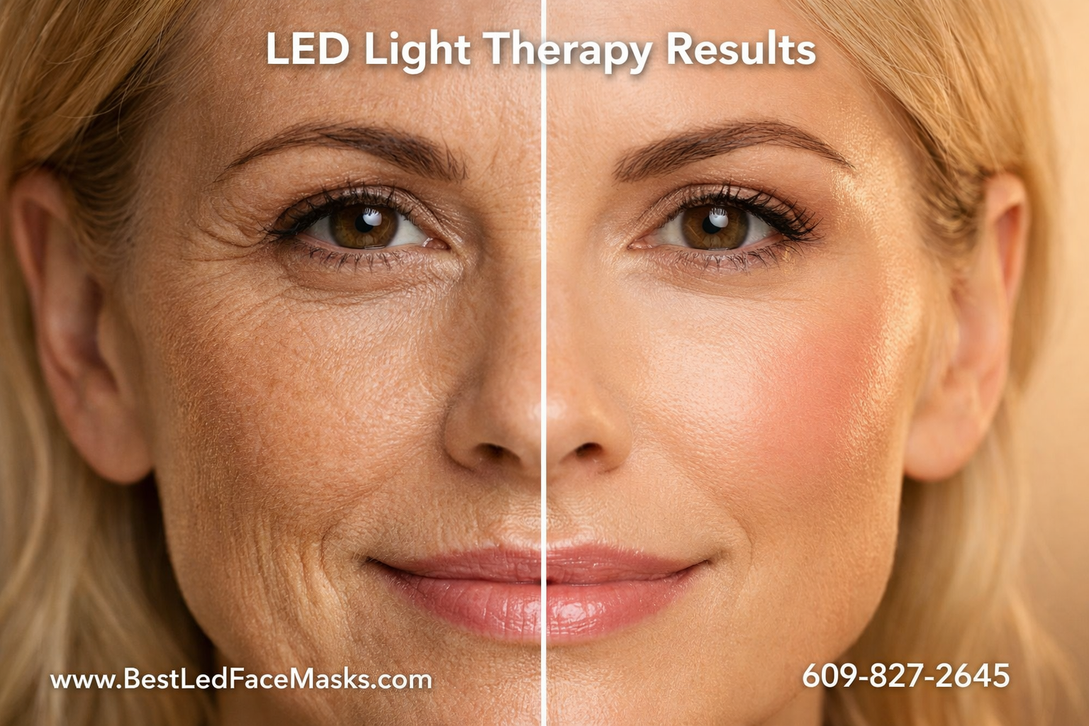 () close-up beauty shot of a woman's face showing visible skin transformation results, split-screen composition with left