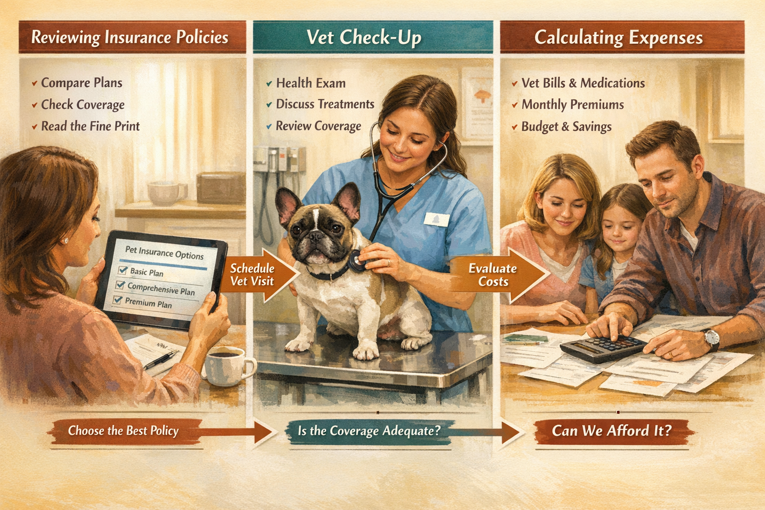 Landscape format (1536x1024) step-by-step visual guide showing French Bulldog owner reviewing insurance policies on tablet, veterinarian exa