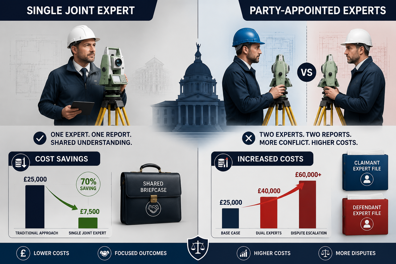 Split-screen infographic illustration in () showing two surveyor figures on opposite sides: left side labeled 'Single Joint