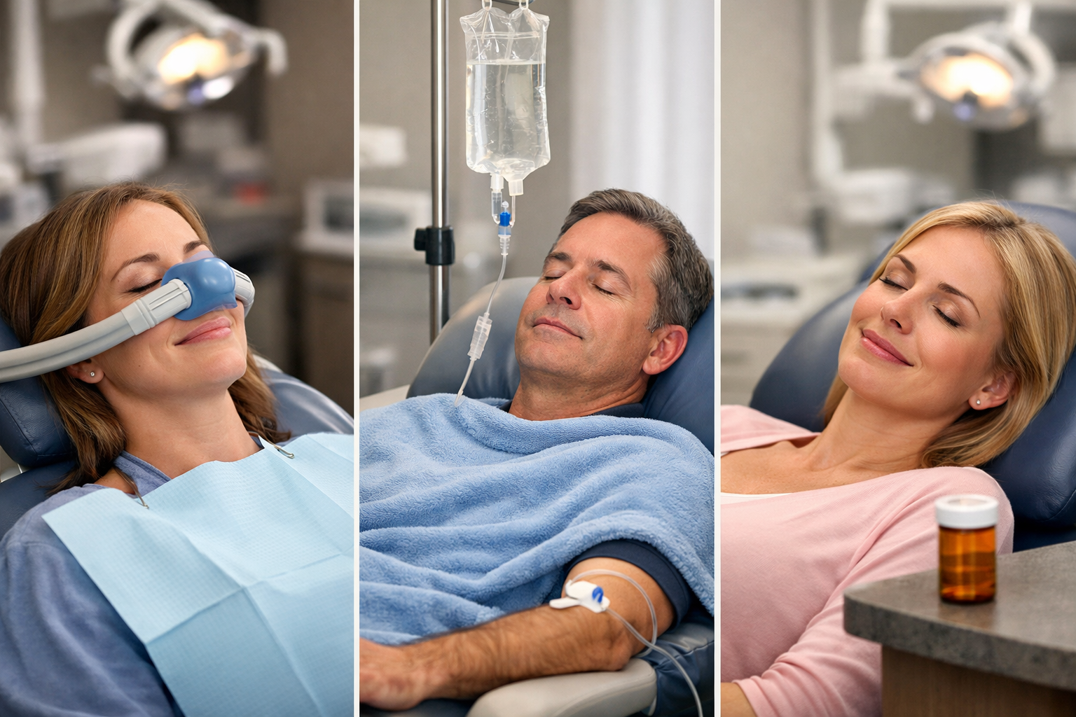Landscape format (1536x1024) image illustrating three distinct types of dental sedation: a patient gently inhaling through a nasal mask for
