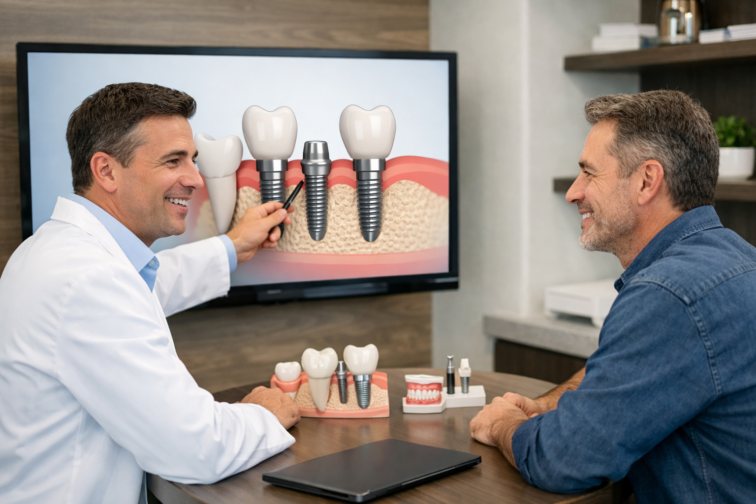 Landscape format (1536x1024) image showing a collaborative discussion between a patient and a dental implant specialist in Dallas, focusing