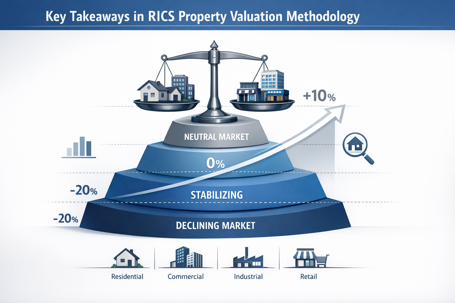 Landscape infographic illustrating 'Key Takeaways' in RICS property valuation methodology, featuring a multi-layered