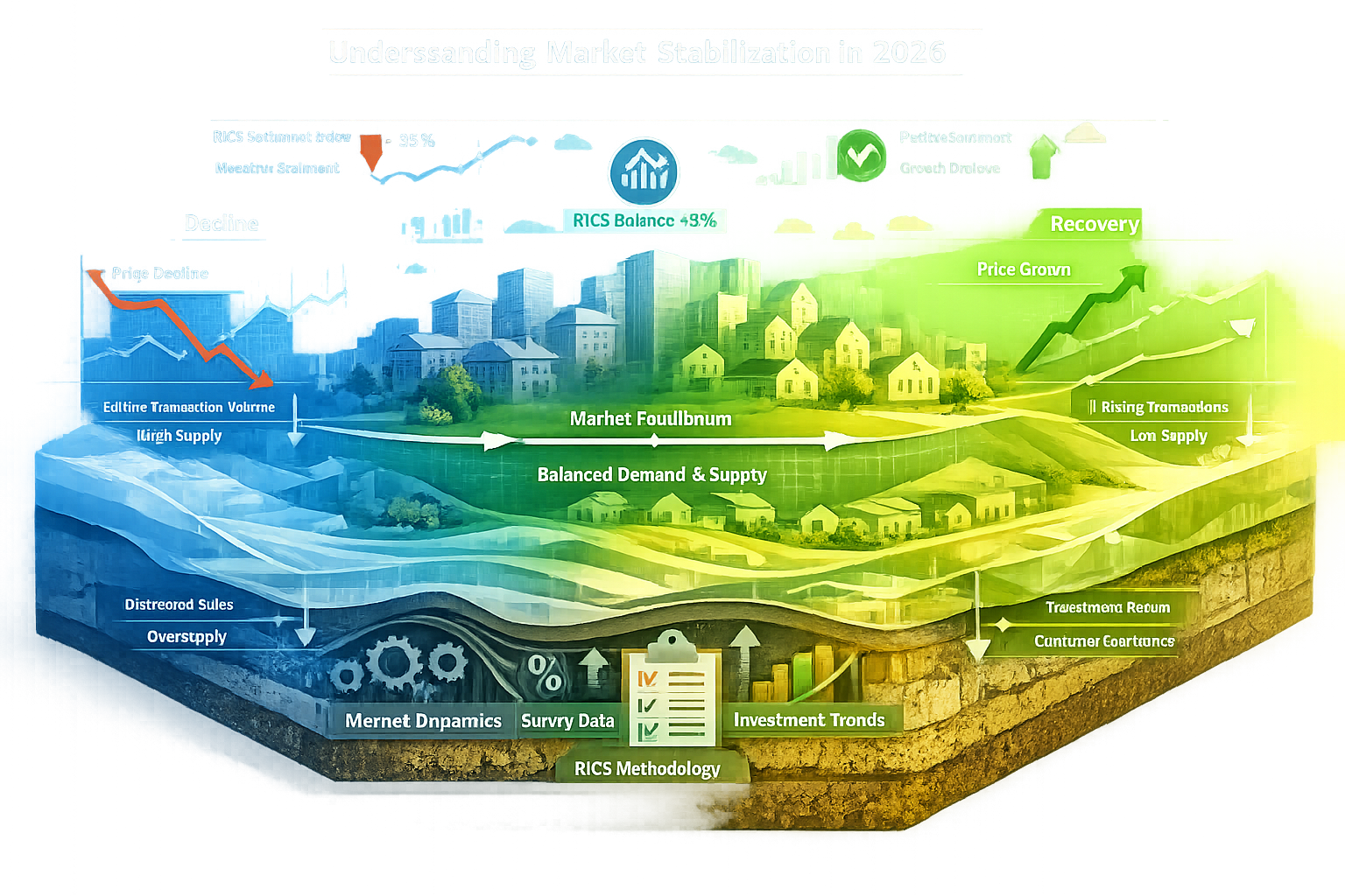 Dynamic conceptual visualization of 'Understanding Market Stabilization in 2026' featuring a semi-transparent 3D landscape