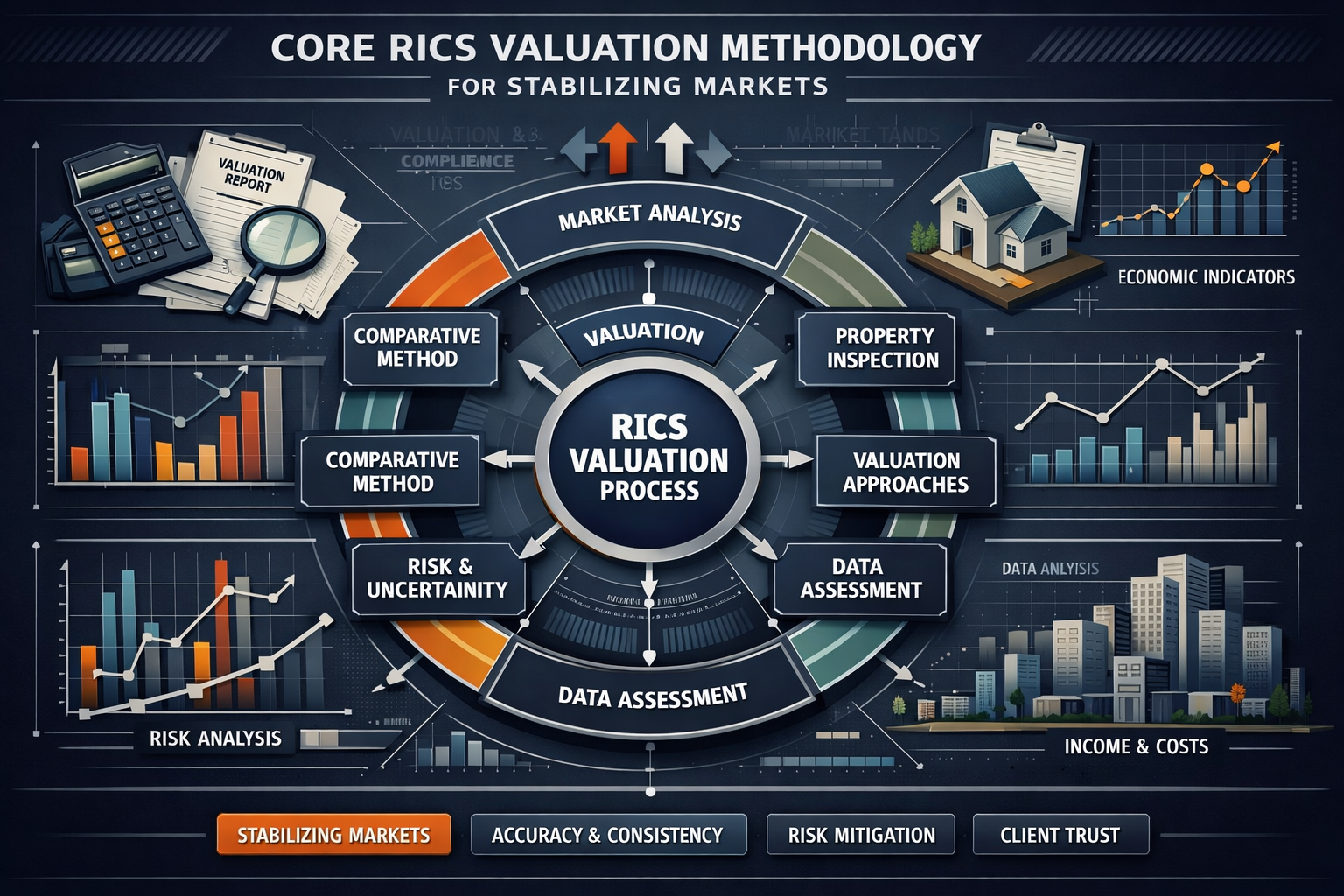 Comprehensive technical diagram representing 'Core RICS Valuation Methodology for Stabilizing Markets', featuring an