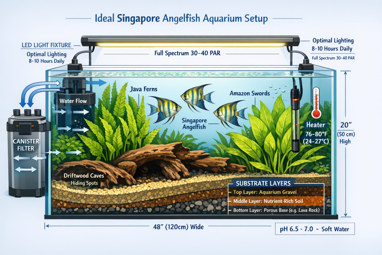 Comprehensive landscape format (1536x1024) aquarium setup diagram showing ideal Singapore angelfish habitat with labeled components: tall pl