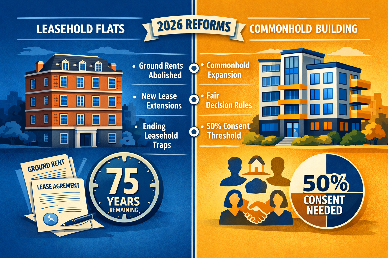 Wide-angle () editorial illustration showing a split-screen comparison: left side depicts a traditional leasehold flat
