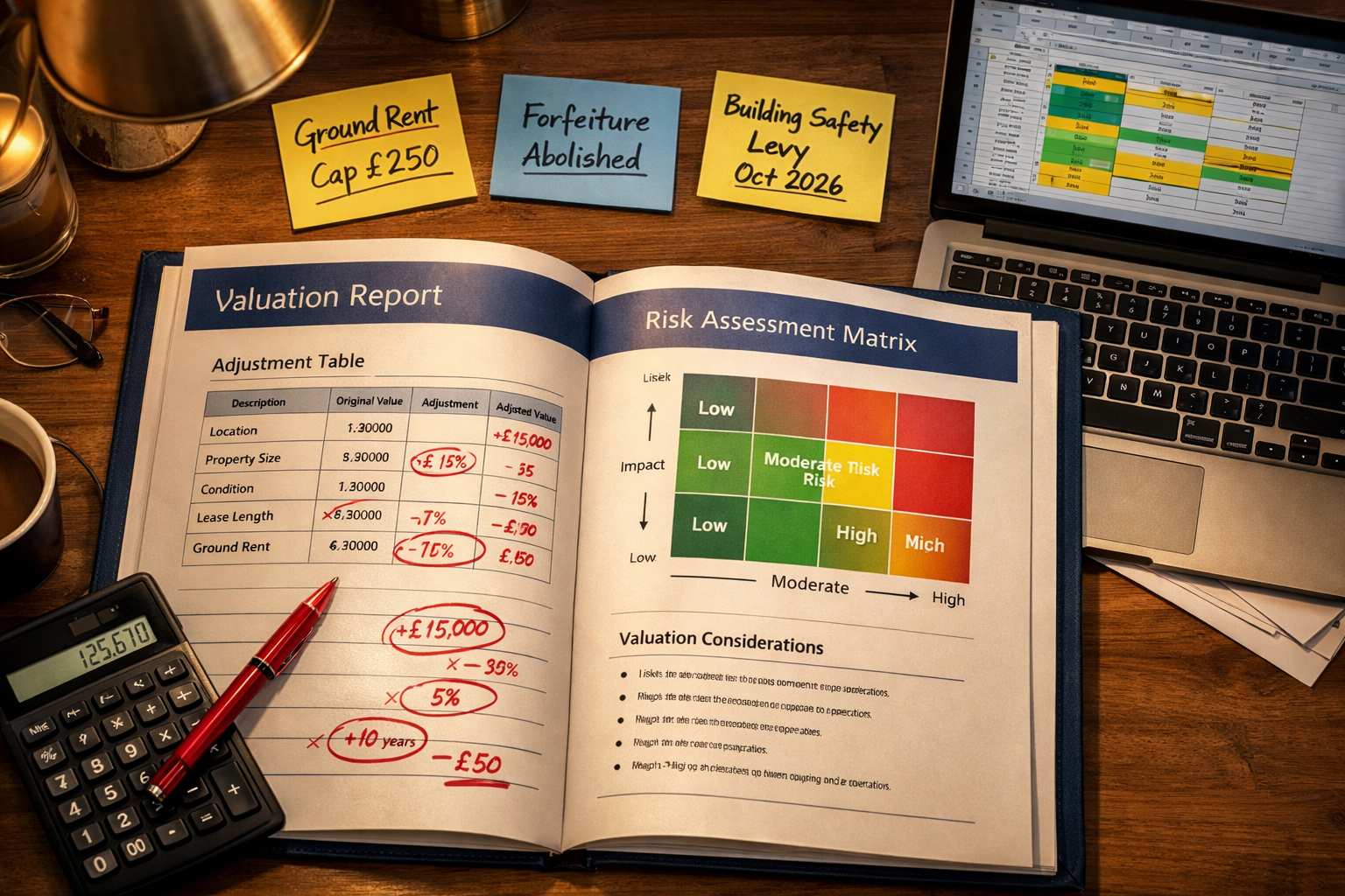 () close-up overhead shot of a chartered surveyor's desk with a large valuation report open showing adjustment tables and